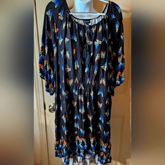 #214 EVANS multicolored butterflies on black Crinkle High-low Dress - Picture 2 of 9
